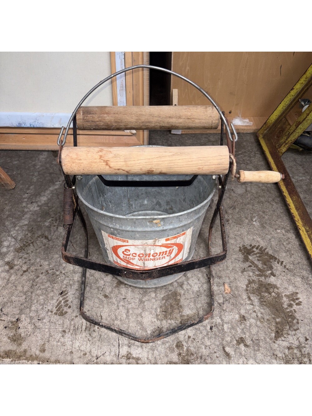 Vintage Economy Mop Wringer Bucket Galvanized Fulton Illinois Industrial Decor